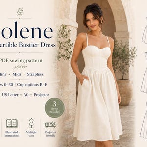 May include: A PDF sewing pattern for the Solene convertible bustier dress, featuring options for mini, midi, and strapless styles. The pattern includes sizes 0-30, cup options B-E, and formats for A4, US Letter, A0, and projector use with instructions.