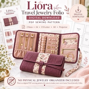 May include: A Liora Travel Jewelry Folio digital PDF sewing pattern featuring a plum and floral fabric organizer with internal necklace snaps, ring rolls, earring panels, and zippered pockets. Includes instructions for two sizes and multiple formats.