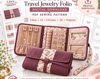 May include: A Liora Travel Jewelry Folio digital PDF sewing pattern featuring a plum and floral fabric organizer with internal necklace snaps, ring rolls, earring panels, and zippered pockets. Includes instructions for two sizes and multiple formats.