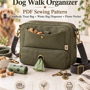 May include: An olive green crossbody bag with a waste bag dispenser, treat pocket, and phone pocket. Text reads: Everyday Dog Walk Organizer, PDF Sewing Pattern, Crossbody Treat Bag, Waste Bag Dispenser, Phone Pocket, 2 Sizes, Confident Beginner, A4, US Letter, A0, Projector.