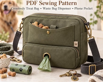 May include: An olive green crossbody bag with a waste bag dispenser, treat pocket, and phone pocket. Text reads: Everyday Dog Walk Organizer, PDF Sewing Pattern, Crossbody Treat Bag, Waste Bag Dispenser, Phone Pocket, 2 Sizes, Confident Beginner, A4, US Letter, A0, Projector.