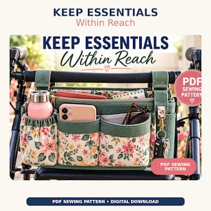 May include: A green fabric walker organizer bag featuring a floral print on the front pockets. The bag includes a side pocket with a pink water bottle, a center pocket with a smartphone, and a key clip. Text reads KEEP ESSENTIALS Within Reach.
