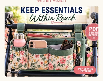 May include: A green fabric walker organizer bag featuring a floral print on the front pockets. The bag includes a side pocket with a pink water bottle, a center pocket with a smartphone, and a key clip. Text reads KEEP ESSENTIALS Within Reach.