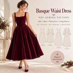 Könnte beinhalten: Ein tiefburgunderrotes Samtkleid in Midilänge mit quadratischem Ausschnitt und baskischer Taille. Das Bild enthält Text für ein PDF-Schnittmuster für ein Kleid mit baskischer Taille, inklusive Optionen für Midi- oder Maxilänge und Ärmelvarianten.