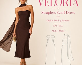 May include: A dark brown strapless midi dress with a matching scarf attachment. The text reads VELORIA Strapless Scarf Dress Digital Sewing Pattern XXS-5XL Midi + Maxi. Includes a line drawing illustration of the front and back of the dress.