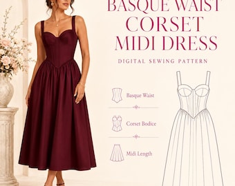 May include: A deep burgundy midi dress featuring a basque waist and a corset bodice with thick straps. The image includes text reading BASQUE WAIST CORSET MIDI DRESS DIGITAL SEWING PATTERN, along with line art diagrams illustrating the dress features.