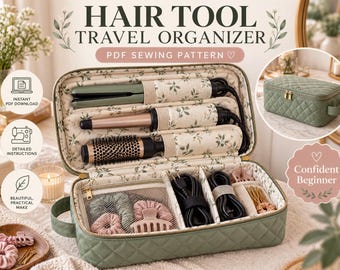 May include: A sage green quilted hair tool travel organiser case with a floral interior lining. The open case holds a flat iron, curling iron, and round brush, with mesh pockets and dividers for hair accessories, cords, and clips.