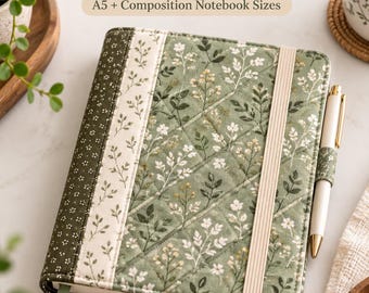 May include: A quilted journal cover featuring a green floral print with a diamond-stitched pattern, a cream-colored elastic band, and a pen loop. The text reads: Quilted Journal Cover Sewing Pattern PDF, A5 + Composition Notebook Sizes.