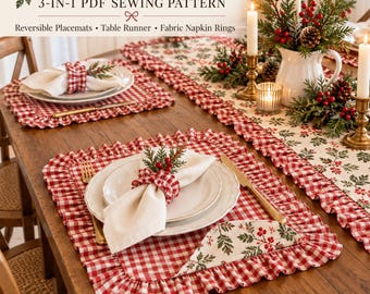 May include: A 3-in-1 PDF sewing pattern for a Holiday Ruffle Table Collection featuring reversible placemats, a table runner, and fabric napkin rings. The items are made from red and white gingham fabric with a holly and berry print.