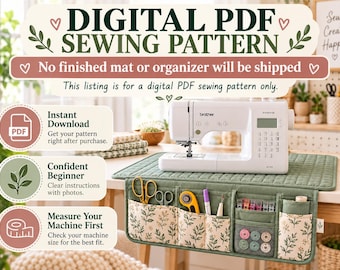 May include: A digital PDF sewing pattern listing featuring a white Brother sewing machine on a quilted sage green mat with hanging pockets. The pockets contain gold scissors, a rotary cutter, pens, and sewing clips. Text includes DIGITAL PDF SEWING PATTERN.