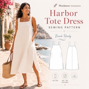 Könnte beinhalten: Ein Schnittmuster für das Harbor Tote Dress von Woolmere treasures. Das Bild zeigt ein weißes ärmelloses Kleid mit Seitentaschen und Seitenschlitz sowie eine technische Strichzeichnung mit Vorder- und Rückansicht, Größen XS-5XL und A4/A0/US Letter-Formaten.