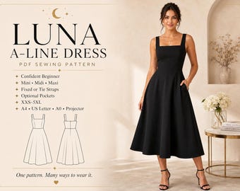 May include: A black A-line dress with a square neckline and side pockets. The image includes text: LUNA A-LINE DRESS PDF SEWING PATTERN, Confident Beginner, Mini, Midi, Maxi, Fixed or Tie Straps, Optional Pockets, XXS-5XL, A4, US Letter, A0, Projector.
