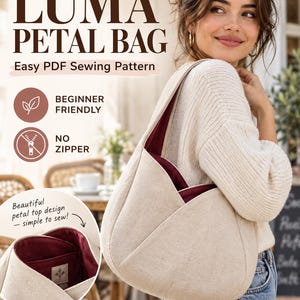 May include: A PDF sewing pattern for a Luma Petal Bag. The bag features a beige exterior with a petal-shaped top opening and a deep red interior lining. Text on the image includes Luma Petal Bag, Easy PDF Sewing Pattern, Beginner Friendly, No Zipper.