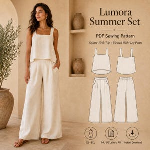 Puede incluir: Un conjunto beige de dos piezas compuesto por una blusa de cuello cuadrado y pantalones anchos. La imagen incluye el texto Lumora Summer Set, PDF Sewing Pattern, Square-Neck Top + Pleated Wide-Leg Pants, XS-5XL, A4 / US Letter / A0, Instant Download.