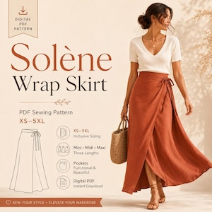 Adjustable Wrap Skirt Sewing Pattern PDF, Maxi Midi Mini Skirt with Pockets, XS-5XL