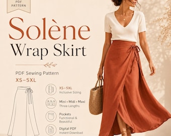 Wrap Skirt Sewing Pattern PDF: Mini, Midi & Maxi with Pockets, XS-5XL