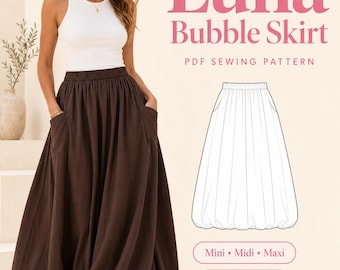 May include: A brown bubble skirt with an elastic waistband and side pockets. The text reads Luna Bubble Skirt, PDF Sewing Pattern, Mini, Midi, Maxi, XXS-5XL, and Beginner Friendly. A line drawing of the skirt is included in the design.