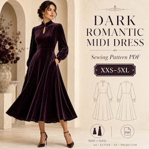 Peut inclure: Une robe midi en velours violet foncé avec des manches longues, un col montant et une ouverture en trou de serrure. Le texte indique DARK ROMANTIC MIDI DRESS, Sewing Pattern PDF, XXS-5XL, MIDI + MAXI, A4, LETTER, A0, PROJECTOR, avec des croquis.
