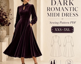 May include: A dark purple velvet midi dress with long sleeves, a high neckline, and a keyhole cutout. The text reads DARK ROMANTIC MIDI DRESS, Sewing Pattern PDF, XXS-5XL, MIDI + MAXI, A4, LETTER, A0, PROJECTOR, with line drawings of the dress.