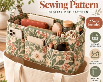 Purse Organizer Sewing Pattern PDF, Removable Tote Bag Insert, 2 Sizes