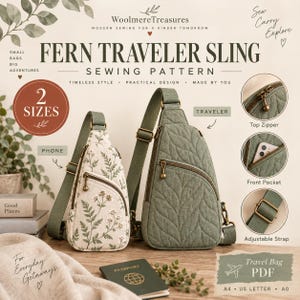 Puede incluir: Un patrón de costura para un bolso bandolera Fern Traveler, que muestra dos bolsos de diferentes tamaños. Uno tiene tela color crema con estampado de helechos y flores verdes, el otro es verde salvia liso con un patrón de hojas acolchado.