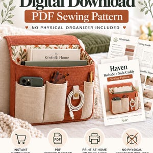 May include: A digital download PDF sewing pattern for a Haven bedside and sofa caddy. The caddy is rust-orange with beige pockets and a floral interior lining, holding a book, phone, glasses, and charging cable. Includes printed instruction sheets.