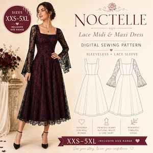Pode incluir: Um molde de costura digital para um vestido midi e maxi de renda Noctelle. A imagem mostra um vestido com decote quadrado, mangas compridas de renda largas e uma saia vermelho-escura com uma sobreposição de renda preta.