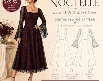 May include: A digital sewing pattern for a Noctelle lace midi and maxi dress. The image displays a dress with a square neckline, long flared lace sleeves, and a dark red skirt with a black lace overlay. Includes technical line drawings.