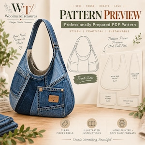 Puede incluir: Un bolso hobo de mezclilla azul con una sola correa para el hombro y un bolsillo frontal con una etiqueta marrón que dice Handmade With Love. Junto al bolso hay un tablero blanco que muestra un dibujo técnico y piezas de patrón.