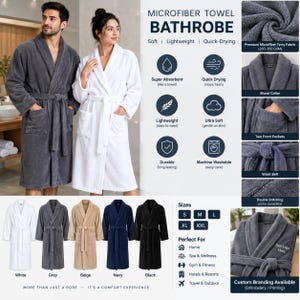 Puede incluir: Una bata de baño de microfibra tipo toalla con cuello de chal, dos bolsillos delanteros y un cinturón. La bata está disponible en blanco, gris, beige, azul marino y negro. El texto incluye Microfiber Towel Bathrobe, Soft, Lightweight, Quick-Drying y tallas de la S a la XXL.