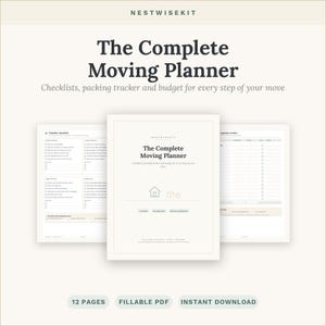 Puede incluir: The Complete Moving Planner es un documento digital con listas de verificación, un rastreador de empaque y un presupuesto. La portada muestra el título, un icono de casa y dos cajas. Incluye 12 páginas, es un PDF rellenable y descarga instantánea.
