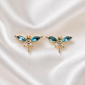 Dragonfly Earrings, Blue Crystal Earrings, Gold Stud Earrings, Dainty Dragonfly Jewelry, Small Blue Earrings for Women