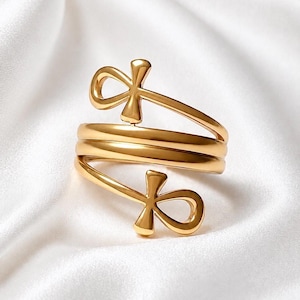 Pode incluir: Um anel de metal em tom dourado com um design envolvente e dois símbolos ankh nas extremidades. A banda consiste em duas bobinas paralelas e lisas que espiralam em torno do dedo, exibindo uma superfície polida e reflexiva.