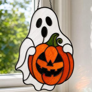 Spökpumpa målat glasmönster, Halloween Jack O'Lantern-mall, Suncatcher PDF SVG, DIY digital nedladdning