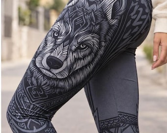 Leggings Viking Wolf para mujer, pantalones de yoga con estampado tribal bohemio, leggings góticos de cintura alta para entrenar, ropa deportiva con estampado animal pagano nórdico.