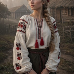 Op de afbeelding: Een crèmekleurige blouse met lange mouwen en gedetailleerd rood en zwart bloemenborduursel op de mouwen en halslijn, gecombineerd met een donker olijfgroene rok. De blouse heeft een striksluiting aan de voorzijde met rode kwastjes en een bloemenkrans.