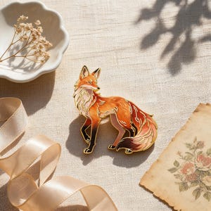 Könnte beinhalten: Eine goldfarbene Emaille-Anstecknadel in Form eines stehenden Fuchses mit orangefarbenem, rotem und cremefarbenem Fell, akzentuiert durch schwarze Details an den Beinen und am Schwanz, umrandet von feinen goldenen Metalllinien in Seitenansicht.