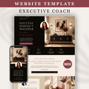 May include: A website template for an executive coach featuring a dark and cream color scheme. The layout includes text reading Success Doesn't Whisper, It walks in. It takes up space, and displays a mobile phone mockup showing the same design.