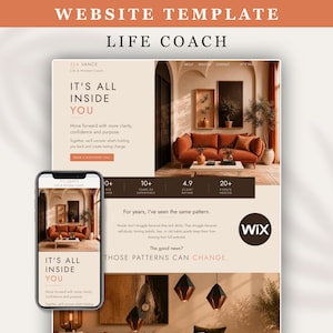 Peut inclure: Un modèle de site web pour coach de vie présentant une vue bureau et une vue mobile sur smartphone. Le design utilise une palette de couleurs neutres avec des accents terre cuite, affichant le texte "IT'S ALL INSIDE YOU" et "THOSE PATTERNS CAN CHANGE."