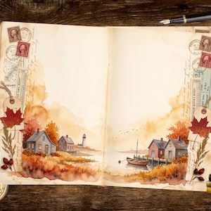 Könnte beinhalten: Ein offenes Tagebuch mit Aquarellillustrationen von Küstenhäusern, einem Leuchtturm und einem kleinen Boot. Die Seiten sind mit Vintage-Briefmarken, Papieranhängern, getrockneten Ahornblättern und handschriftlichem Text auf Holzhintergrund verziert.