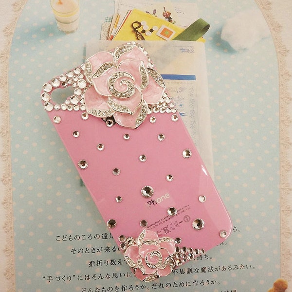 Handmade  Iphone case cover ,Cell Phone Case, iphone 4s / iphone 4  Pink Flower Rhinestone Pg05.01b