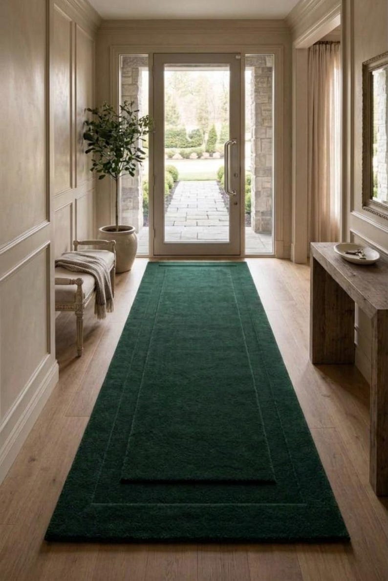 Hand Tufted Green Runner Rug, Forest Green Wool Rug, Minimalist Hallway ...