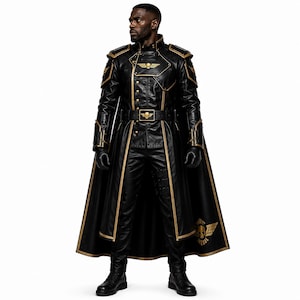 May include: A black long coat with gold trim, structured shoulders, and a matching belt featuring a gold skull emblem with wings. The coat includes a high collar, front buttons, and a long cape. The outfit is completed with black trousers and gloves.