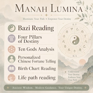 May include: A beige informational graphic titled Manah Lumina featuring a list of services including Bazi Reading, Four Pillars of Destiny, Ten Gods Analysis, Personalized Chinese Fortune Telling, Birth Chart Reading, and Life path reading.