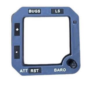 May include: A blue rectangular instrument panel bezel with rounded corners, featuring white text labels BUGS, LS, ATT, RST, and BARO. The frame includes black rectangular inserts with small cutouts and a single black circular knob in the bottom right corner.