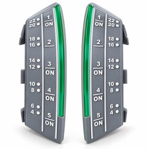 May include: Two vertical grey control panels featuring a bright green light strip along the outer edge. Each panel displays white numerical markings from 4 to 22 and a column labelled 1 ON through 5 ON, with white dots next to each number for clear identification.
