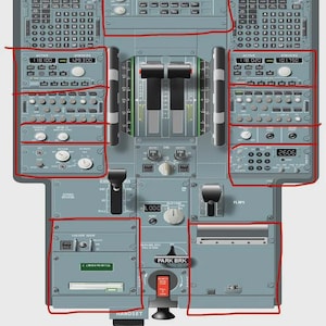 May include: A grey Airbus A320 cockpit pedestal training panel featuring dual throttle levers, radio communication controls, navigation displays, and various switches. The panel includes labelled buttons, frequency readouts, and a parking brake lever.