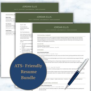 May include: A stack of three professional resume documents with olive green headers featuring the name Jordan Ellis, accompanied by a silver and blue ballpoint pen and a circular blue badge with the text ATS-Friendly Resume Bundle.