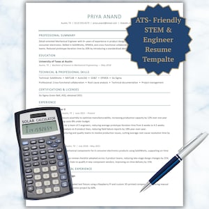 May include: A professional resume template document titled Priya Anand with a dark blue starburst badge reading ATS-Friendly STEM & Engineer Resume Template, accompanied by a black solar calculator displaying 3.141592654 and a silver and blue pen.