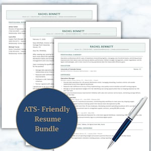 May include: A stack of three white resume documents with black text, featuring the name Rachel Bennett at the top. A dark blue circular badge with the gold text ATS-Friendly Resume Bundle is overlaid, and a silver and blue pen rests on the side.
